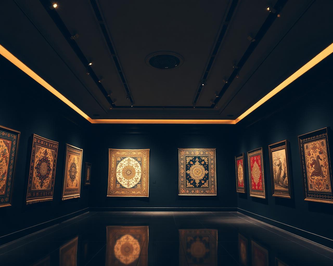 Interior of the Lewan gallery in Dubai with hanging oriental carpets